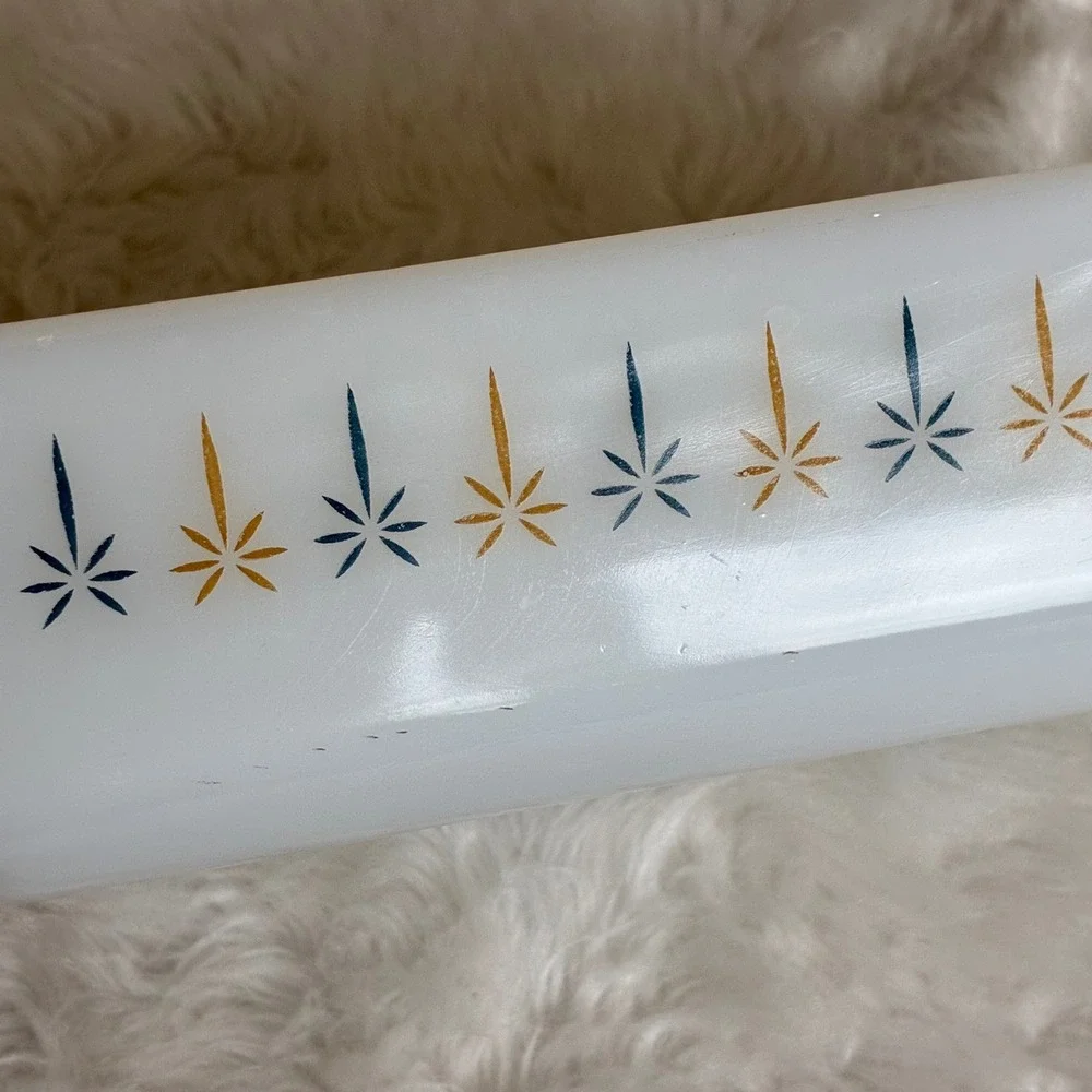Vintage Fire-King 441 Candle Glow Atomic Starburst 1 Qt Loaf Pan MCM Milk Glass